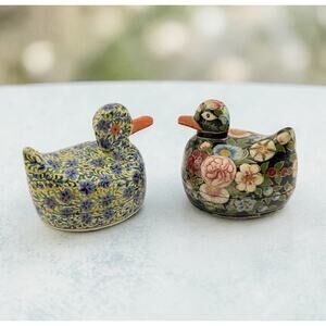 Kashmir Paper Mache Lacquer Duck Boxes Set of 2 Blue/ Yellow and Floral India